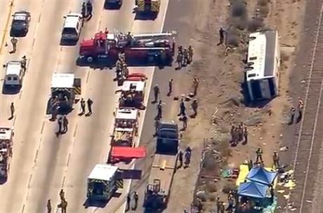 TOUR BUS OVERTURNS ON SOUTHERN CALIFORNIA FREEWAY